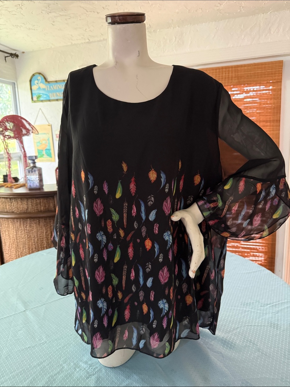 Black Sheer Long-Sleeve Feather Print Blouse